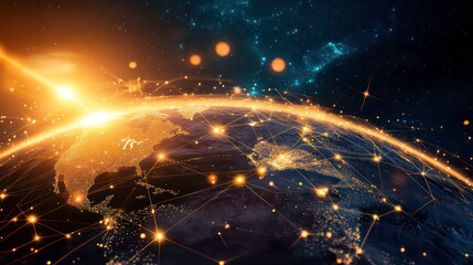 Wall Mural - a glowing, connected earth with a sunrise over the americas, representing global connectivity and co