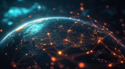 Wall Mural - a stylized image of earth with a network of glowing lines connecting the continents.