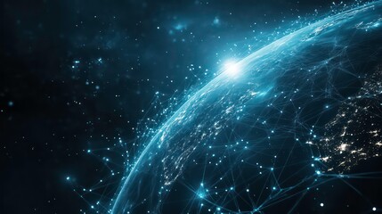 Wall Mural - a glowing, futuristic digital rendering of the earth with a network of glowing lines and points conn