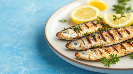 Canvas Print - Grilled fish served on a plate with lemon slices and herbs on a light blue background in a cozy setting, mackerel, Mallotus villosus