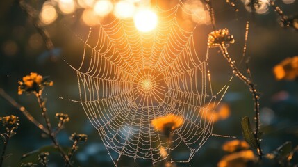 macro of a spider web in the early morning,