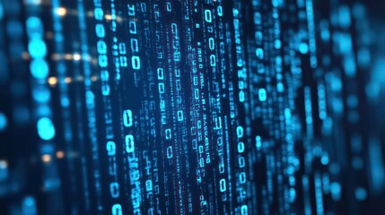Wall Mural - abstract digital background of blue binary code cascading down a dark background.