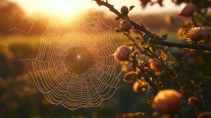 macro of a spider web in the early morning,