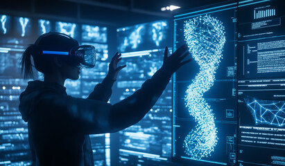 A futuristic woman wearing VR headset interacts with a large digital display in a modern tech environment.