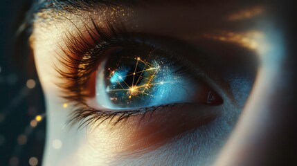 Wall Mural - close-up of a human eye with a glowing network of lines and points in the iris, representing digital