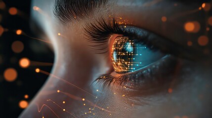 Wall Mural - close-up of a human eye with a digital circuit board pattern inside the iris.