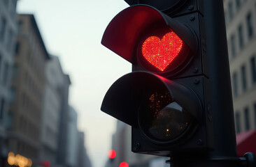 City traffic light with a red heart burning on it