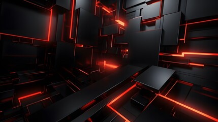 Wall Mural - 3d rendering of black and red abstract geometric background. Scene for advertising, technology, showcase, banner, game, sport, cosmetic, business, metaverse. Sci-Fi Illustration. Product display