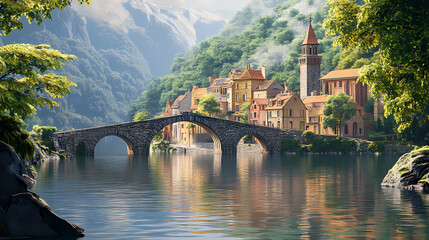 serene french town surrounded by tranquil waters, majestic stone bridge, and lush greenery, exuding 