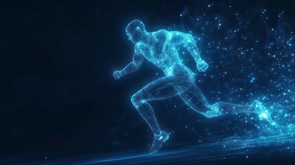 Wall Mural - a glowing blue digital human figure running on a dark background, composed of lines and dots, repres