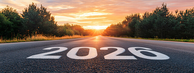 Road to the New Year 2026 with the written number 2026 pointing forward on an empty road symbolizing future achievements and successes in the new year. Concept of new achievements.