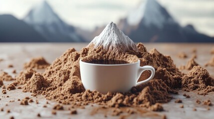 A white coffee cup is sitting on a pile of sand