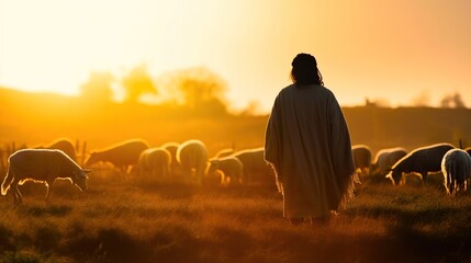 A man is standing in front of a large herd of sheep peacefully grazing