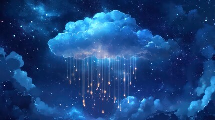 Wall Mural - a single cloud hangs in a night sky full of stars, with golden light raining down from it.
