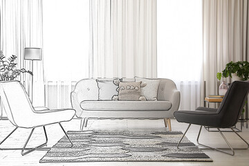 Poster - Interior of stylish living room, designer's idea realization. Comfortable couch and armchairs. Combination of photo and sketch