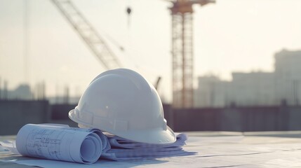 Wall Mural - White hardhat resting on blueprints at construction site