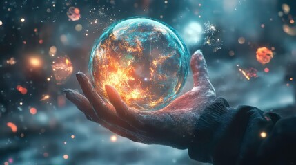 Wall Mural - a hand holding a glowing orb with a fiery core, surrounded by swirling cosmic dust.