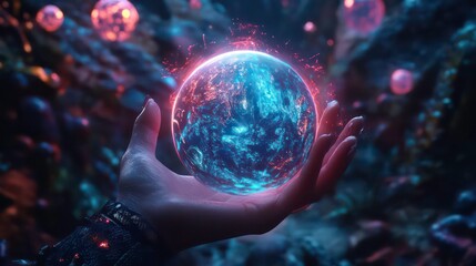 Wall Mural - a hand holds a glowing blue and red orb, surrounded by smaller glowing orbs in a dark, abstract back