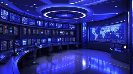Leinwandbilder - Futuristic Control Room with Monitors Displaying Data and a World Map