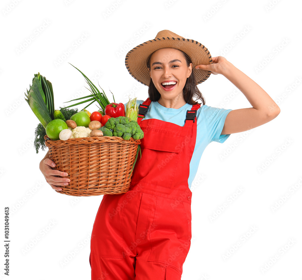 Female farmer with basket of vegetables on white background