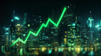 Wall Mural - a glowing green arrow rising over a cityscape at night, symbolizing economic growth and success.