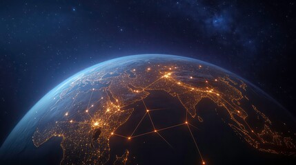 a nighttime view of earth from space, with city lights illuminating the continents and a network of 