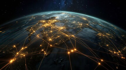 Wall Mural - a night view of earth with glowing lines connecting major cities, representing global connectivity.