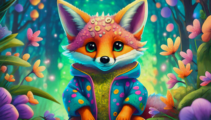 Poster - multicolored red fox portrait  oil painting style cartoon character illustration 