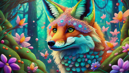 Poster - multicolored red fox portrait  oil painting style cartoon character illustration 