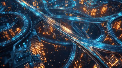 Wall Mural - an aerial view of a complex highway interchange with glowing lights at night.