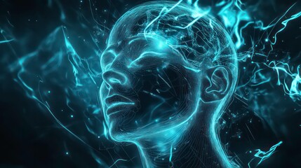 Wall Mural - a digital rendering of a human head with a glowing blue light emanating from it.
