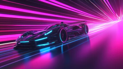 Wall Mural - futuristic race car speeding through a neon tunnel.