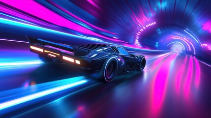Wall Mural - a futuristic car speeds through a neon-lit tunnel.