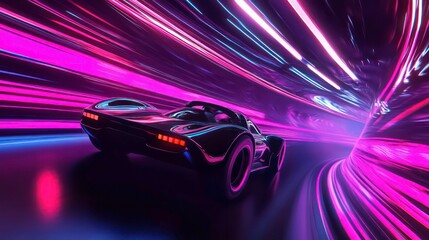 Wall Mural - a black sports car driving through a tunnel of colorful lights.