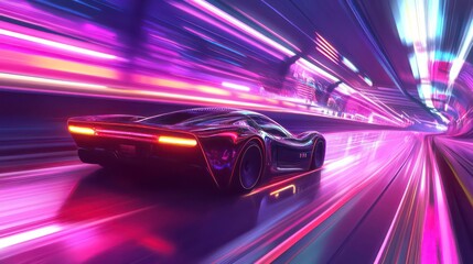 Wall Mural - futuristic sports car speeding through neon-lit tunnel.