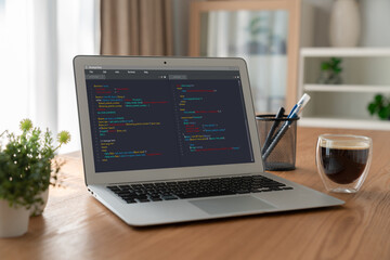 Software development programming on computer screen for modish application and program coding