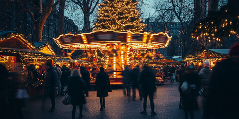 Lots of people having fun on Christmas market. Decorated and illuminated Christmas fair in European town. Snowy winter day.