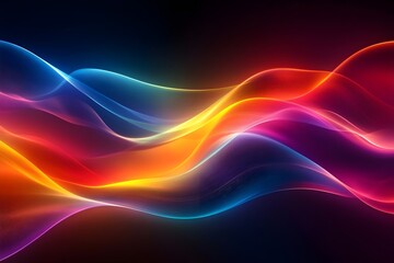 Abstract wave pattern in vibrant red, orange, yellow, blue and purple hues against a dark background.