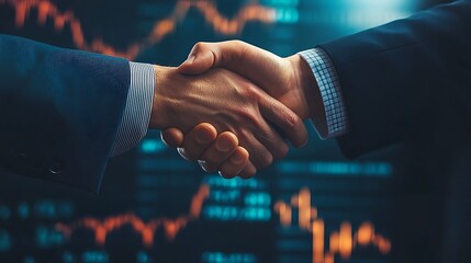 A close-up of handshake between two businesspeople, with a backdrop of international stock market data and charts, symbolizing partnerships in economic integration. 