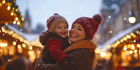 Mother and child having wonderful time on traditional Christmas market on winter evening. Parent and kid enjoying themselves in Christmas town decorated with lights.