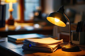 Leinwandbilder - A warm-lit desk with papers and a lamp in a cozy study setting during the evening, creating an inviting atmosphere for reading and writing