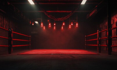 Wall Mural - a dimly lit wrestling arena with bold red ropes, intricate turnbuckles, and a worn-out matt, awaitin