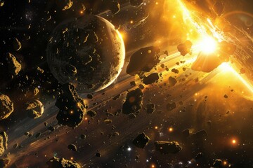 Aufkleber - Stunning cosmic view of an asteroid belt with planets and a bright star illuminating the scene in the depths of space