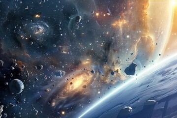 Aufkleber - Stunning cosmic view of an asteroid belt with planets and a bright star illuminating the scene in the depths of space