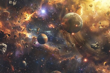Aufkleber - Stunning cosmic view of an asteroid belt with planets and a bright star illuminating the scene in the depths of space
