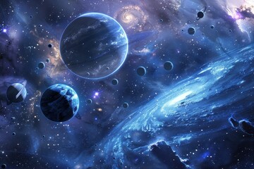 Aufkleber - Stunning cosmic view of an asteroid belt with planets and a bright star illuminating the scene in the depths of space