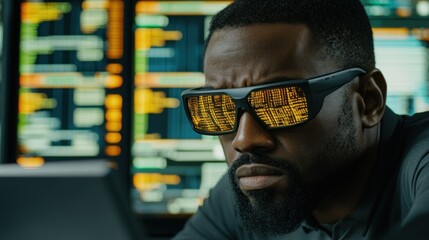 Poster - Close-up of a man with code reflected in his sunglasses