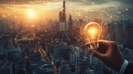 Poster - Hand Holding Lightbulb Over Illuminated Cityscape with Network Connections