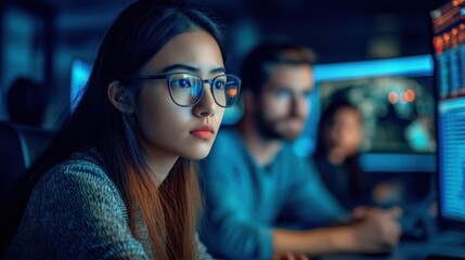 Poster - Focused Young Woman Wearing Glasses Looking at Computer Screen