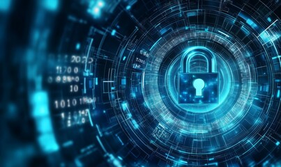 A digital padlock illustration with binary code and futuristic circles on a blue and white background, concept of cybersecurity